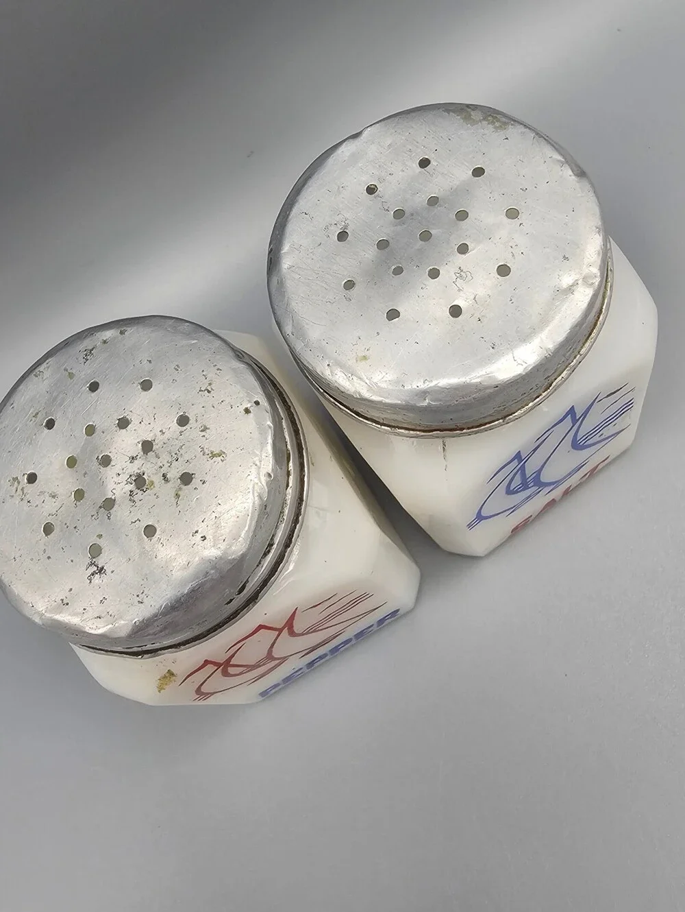 Vintage Milk Glass Salt and Pepper Shakers with Sailboat Design